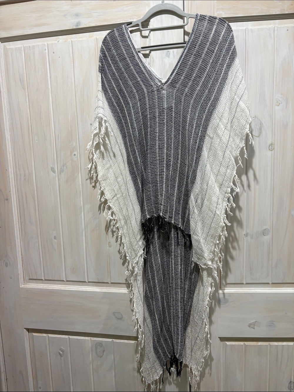 Free People Gray and Cream Striped Knit Poncho with Fringe